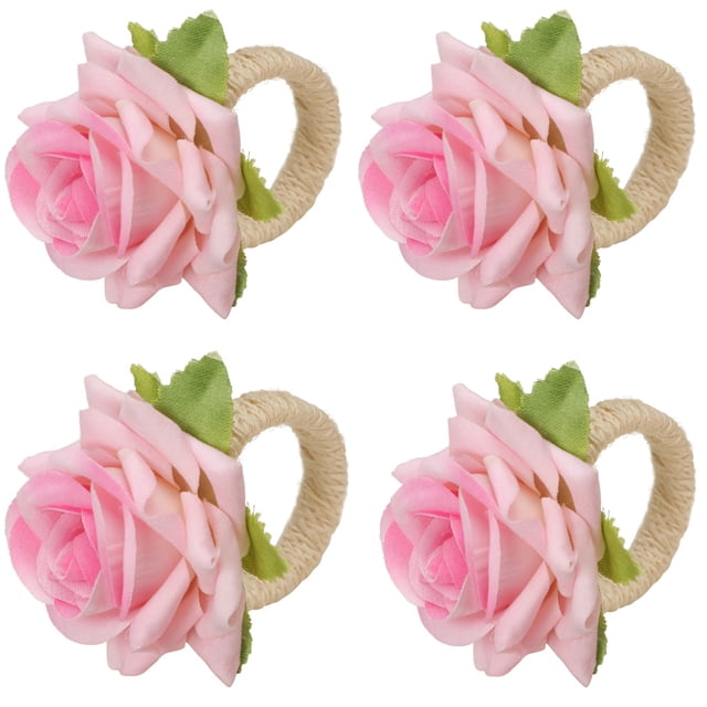 WREESH 4PCS Rose Flower Napkin Rings Artificial Flower Napkin Holders Serviette Buckles