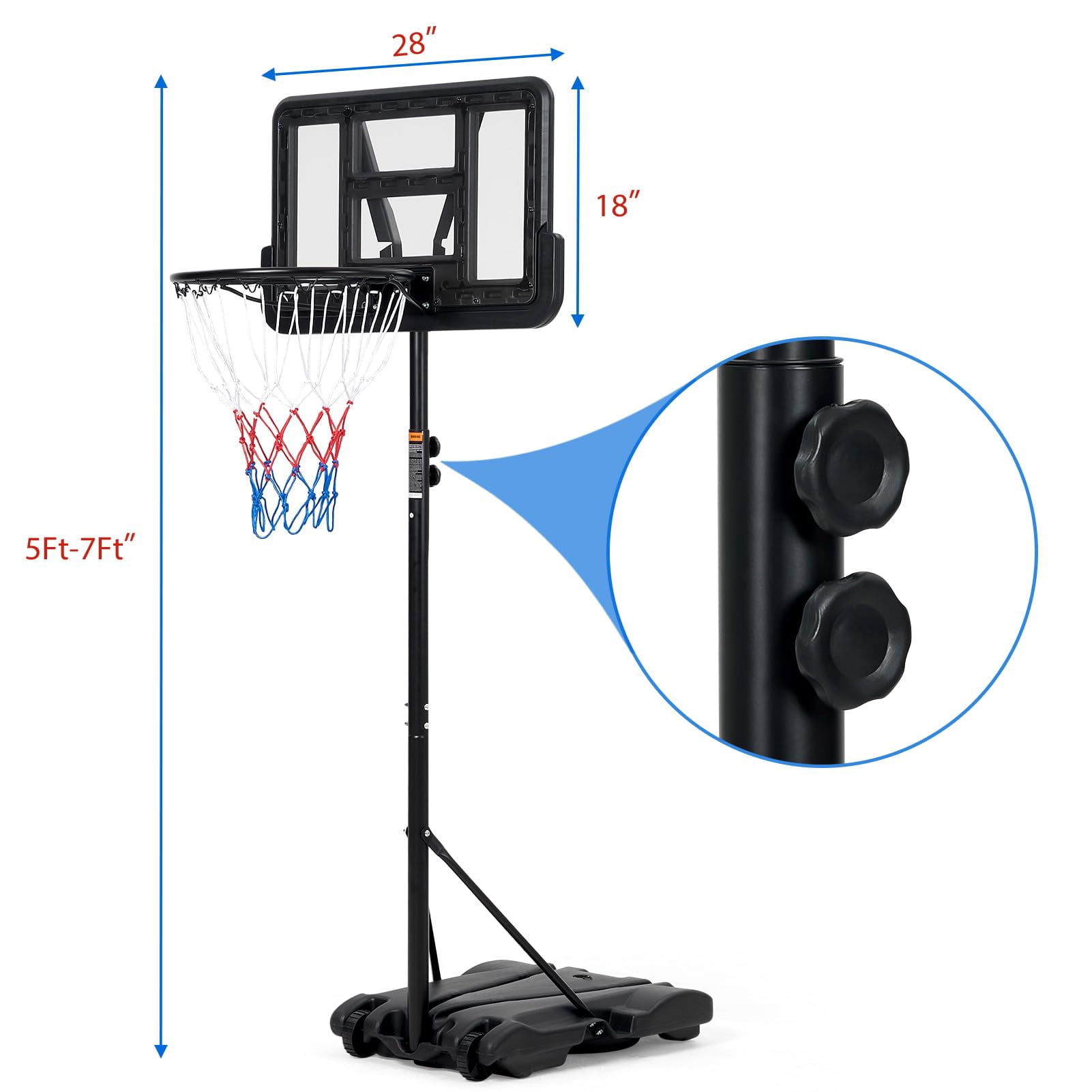 TROPOW Kids Basketball Hoop,Outdoor Portable Adjustable Basketball Goal System w/ 2 Wheels, 5-7 Ft Swimming Pool Basketball Hoop Outdoor 28in Backboard with Enlarged Base for Kids/Adults