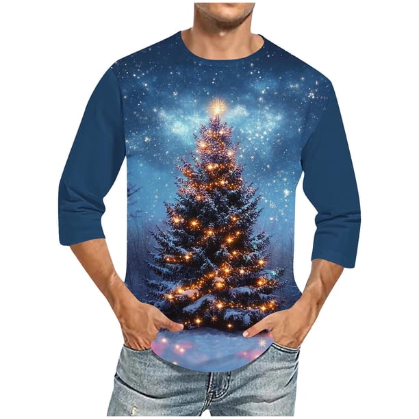 Camisas de Lino para Hombres Navidad Impresión Cuello Redondo 3/4 Manga Casual, Blusa Unisex para Regalo de Vacaciones