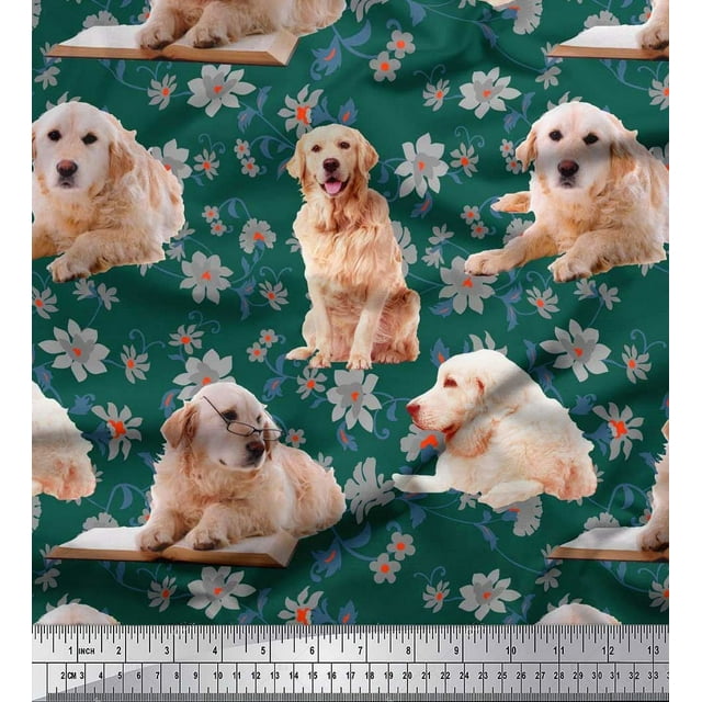 Soimoi Rayon Fabric Floral,Book & Golden Retriever Dog Printed Fabric 1 Yard 56 Inch Wide