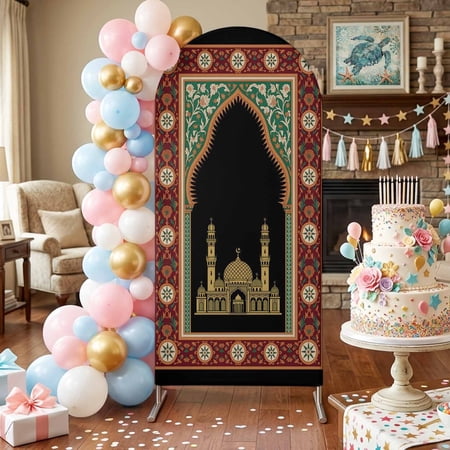 Boho Architecture Arch Backdrop Covers 5 FT Folk Twin Arches Black Sky Floral Frame Stretchy Fitted Arched Stand Covers Party Arch Stand Cover Photo Booth for Wedding Birthday Decor