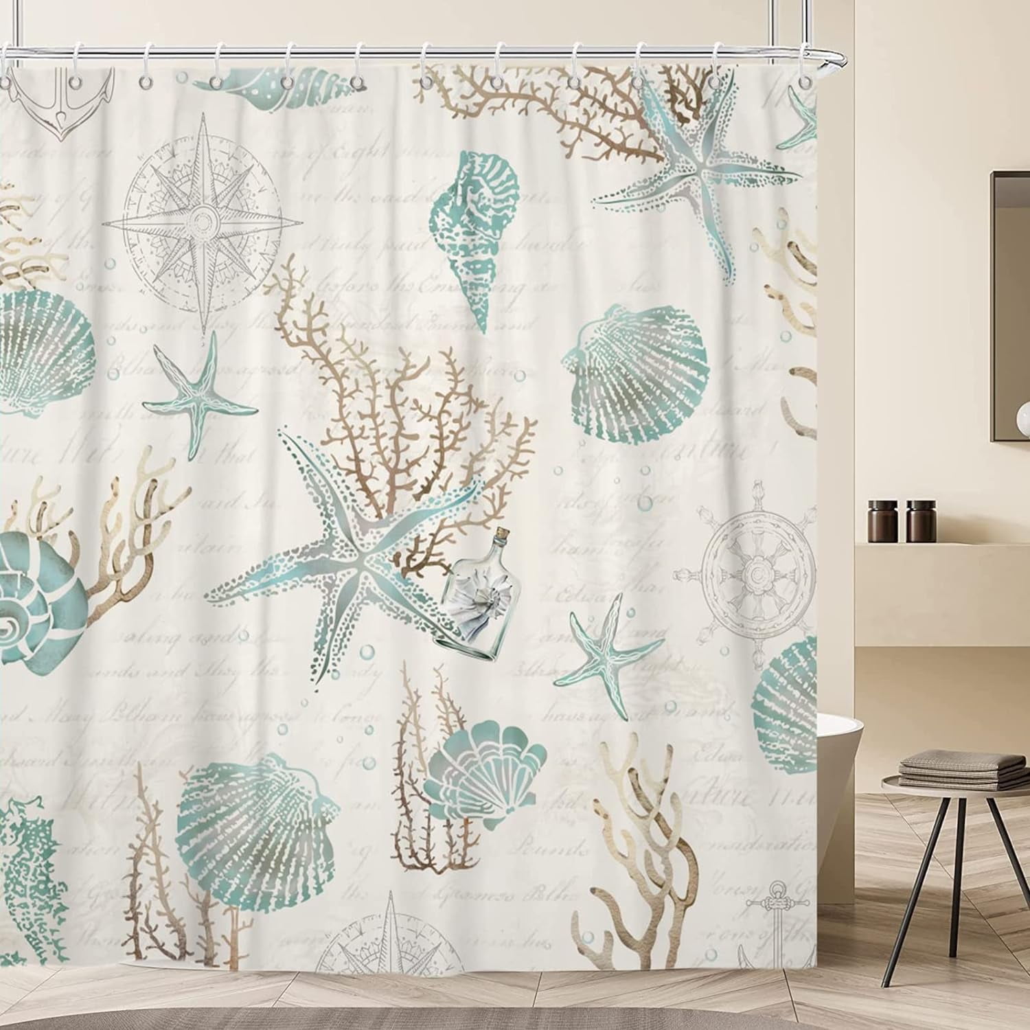 Starfish and Seashells Shower Curtain, Weighted Bottom Vintage Beige Ivory Coral Conch Nautical Oncean Beach Bathroom Curtain Waterproof Fabric Machine Washable with Hooks,72" Wx72 L