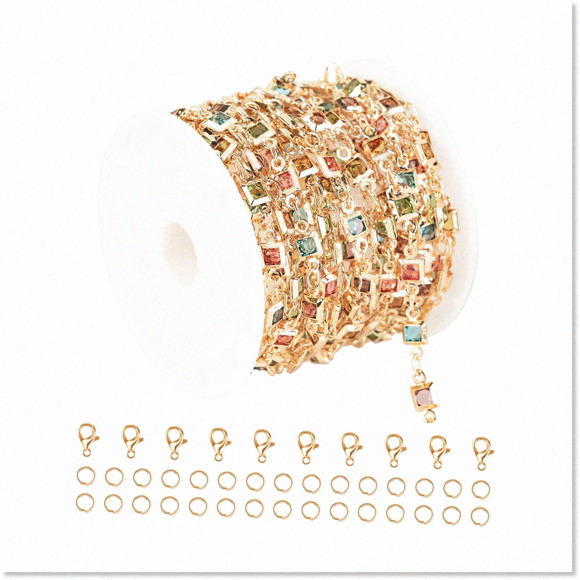 Bulk KC Gold Plated Copper Chain - Stunning Colorful Square Rhinestone Jewelry Chains for Women's Bracelet, Choker - DIY Supplies with Lobster Clasps and Jump Rings - Perfect Jewel