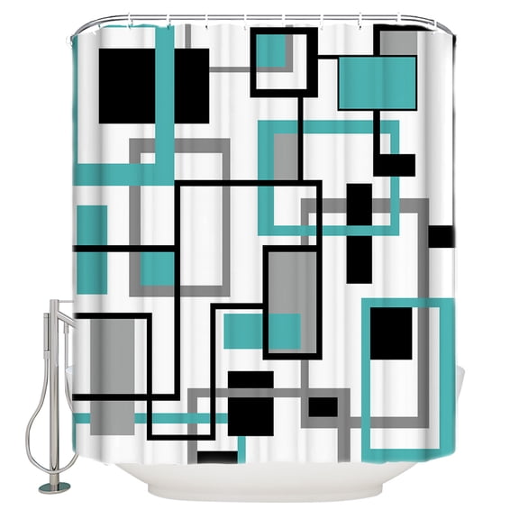 Retro Middle Shower Curtain, 60" x 72", Ages Abstract Geometric Teal Black Square Waterproof Bathroom Curtain Washable Shower Curtain Set with 12 Hooks