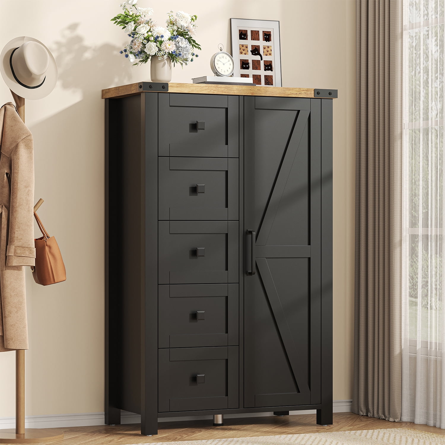 VVFLU Farmhouse 5 Drawer Dresser Storage Cabinet Chest of Drawer for Bedroom, 48" Tall Black Wood