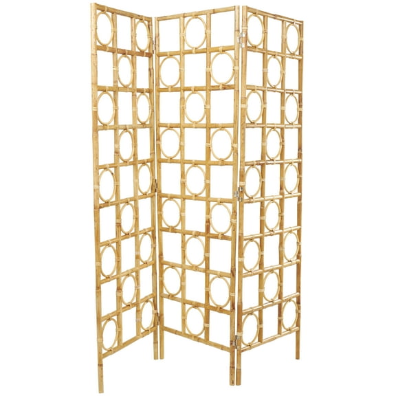 DecMode 61" x 71" Brown Rattan Geometric Handmade Woven Geometric 3 Panel Room Divider Screen with Open Frame Design, 1-Piece