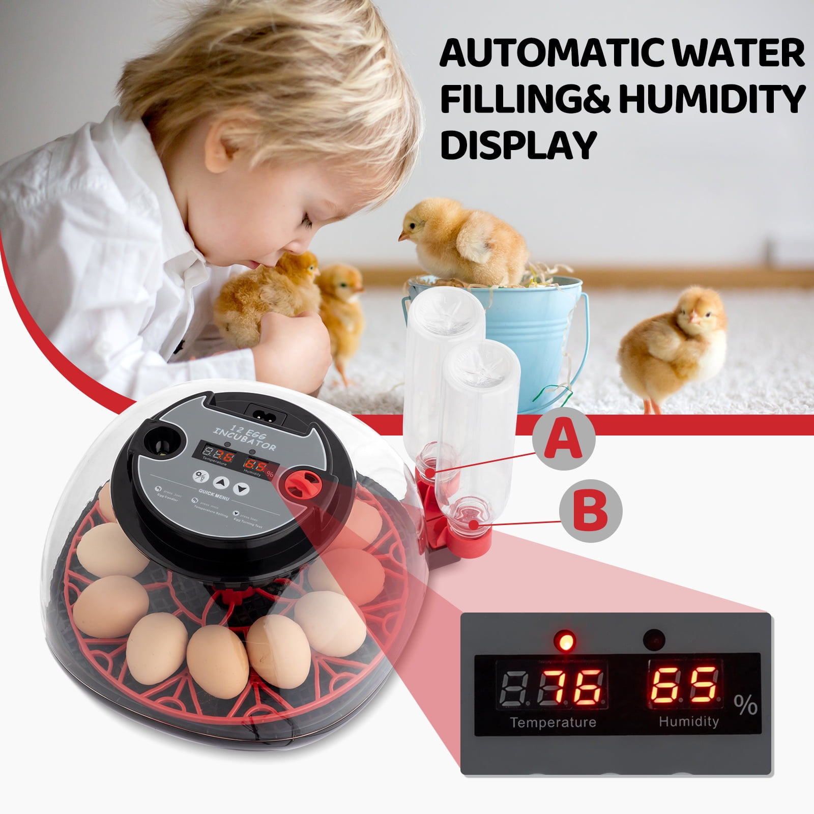 12 Eggs Incubator with Automatic Egg Turning, Temperature and Humidity Control,Auto Water Addition, LED Egg Candler, for Hatching Chickens, Ducks, Geese, Birds, Pigeons and Quail Eggs