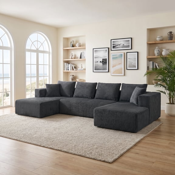 132-Inch U-Shaped Modular Sectional Sofa with Double Chaise, Corduroy Cloud Couch with Oversized Deep Seat for Living Room and Apartment, Gray