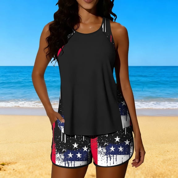 Mifsaly Patriotic Tankini Set for Women 2026 Independence Day Two Piece Swimsuit American Flag Graphic Bathing Suits Beach Vacation Summer Swimwear with Board Shorts XXL