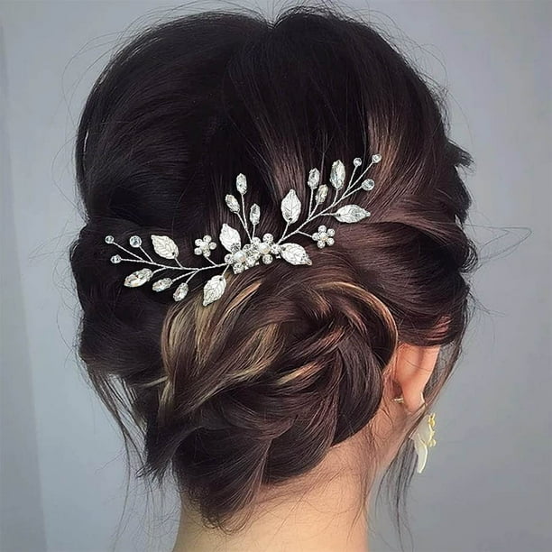 Easedaily Peineta para el Cabello de Novia con Hojas y Cristal Plateado, Accesorios para el Cabello con Diamantes de imitación para Mujeres y niñas