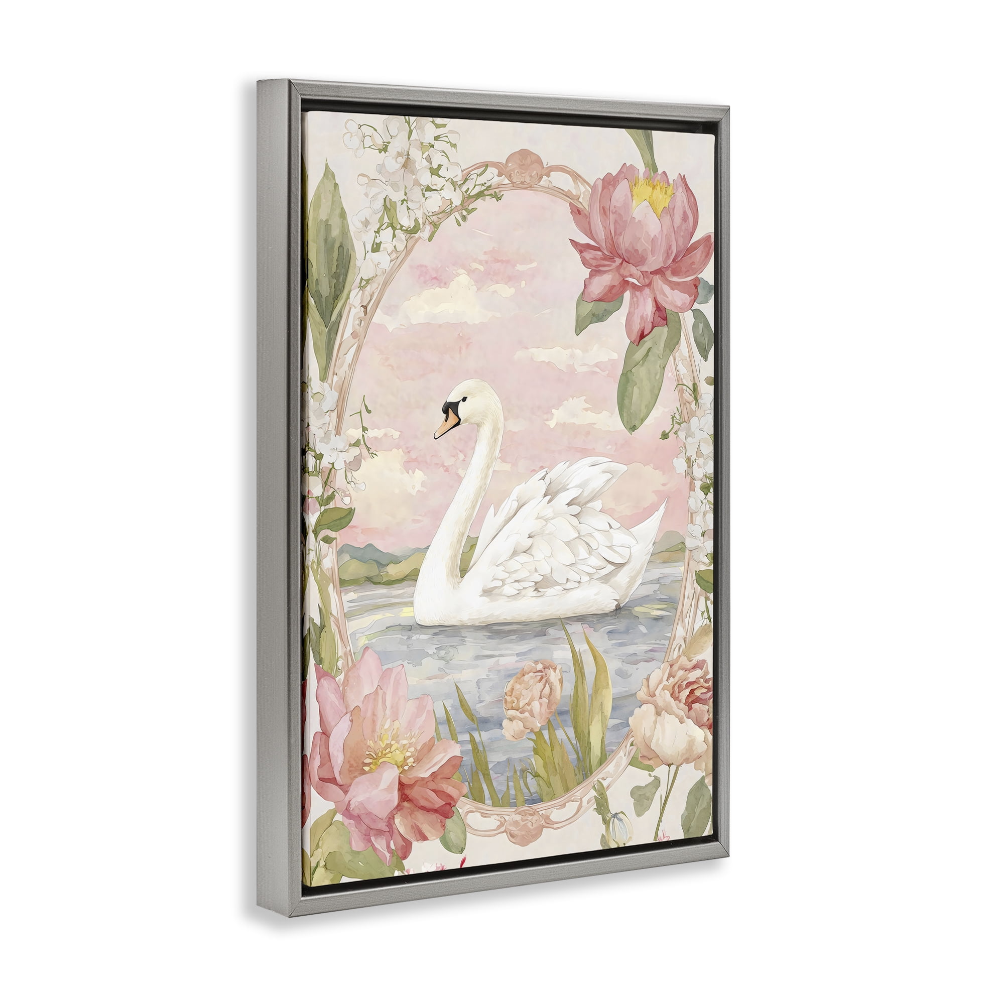 Stupell Industries Floral Border Swan in Bloom Gray Framed Floater Canvas Wall Art, design by Creative Studio
