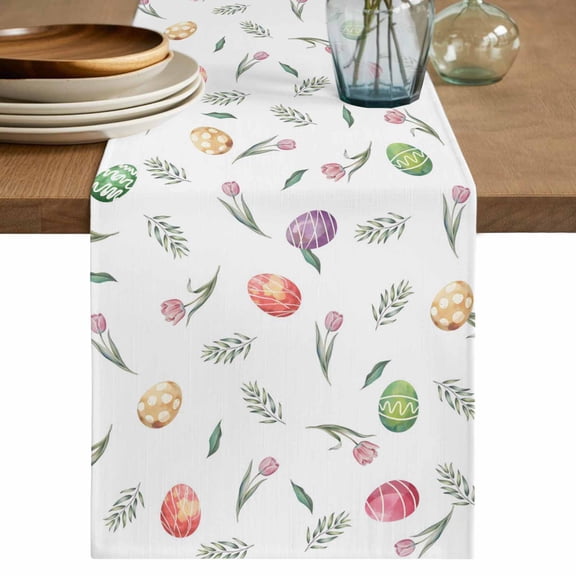 Table Runner 36 Inches Long for Kitchen Dining, Easter Dresser Scarf Farmhouse, Dining Table Decorations for Wedding/Parties, Spring Colorful Eggs Tulip Flowers Leaf Plant 13 x 36 In