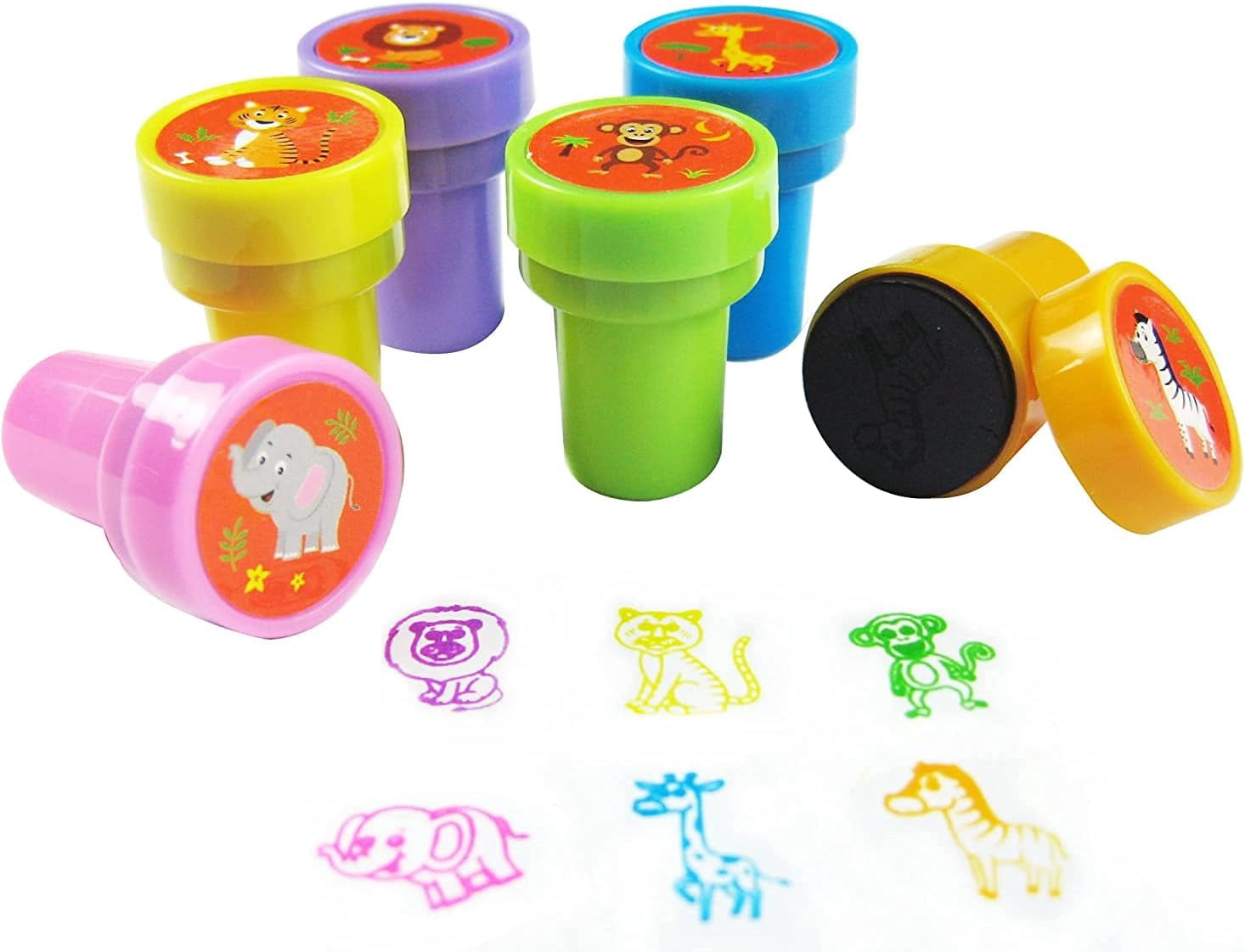 Safari Animals Jungle Book Birthday Party Assortment Favor Set of 108 pcs (12 Large Party Favor Treat Bags with Handles, 24 Self-Ink Stamps for Kids, 12 Sticker Sheets, 12 Coloring Books, 48 Crayons)