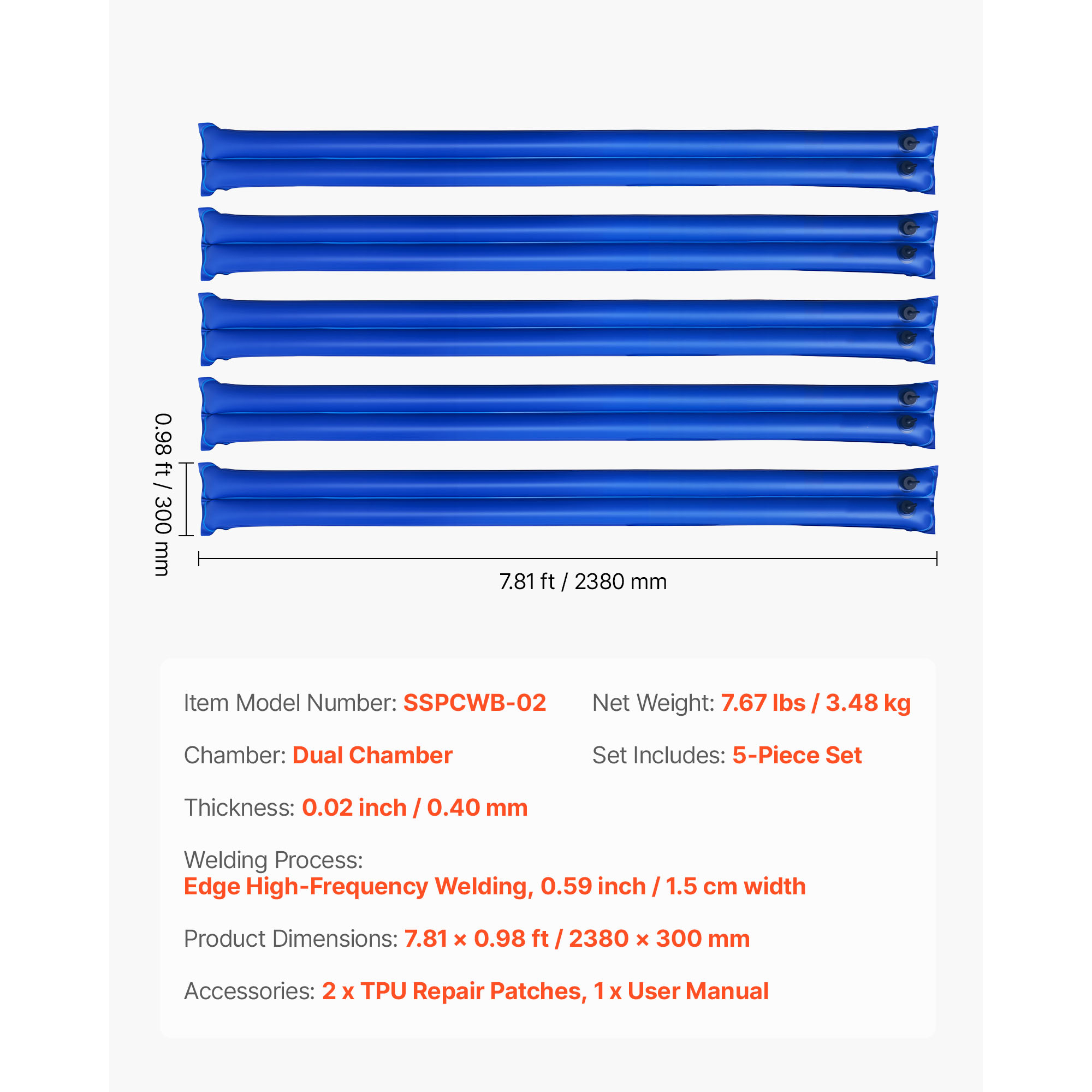 KFFKFF Pool Cover Water Bags, 5-Pack 8 Ft, Double-Chamber Design, 0.4mm Thick PVC with Leak-Resistant Screw Caps, Ideal for Securing Inground Pool Covers During Winter, Blue