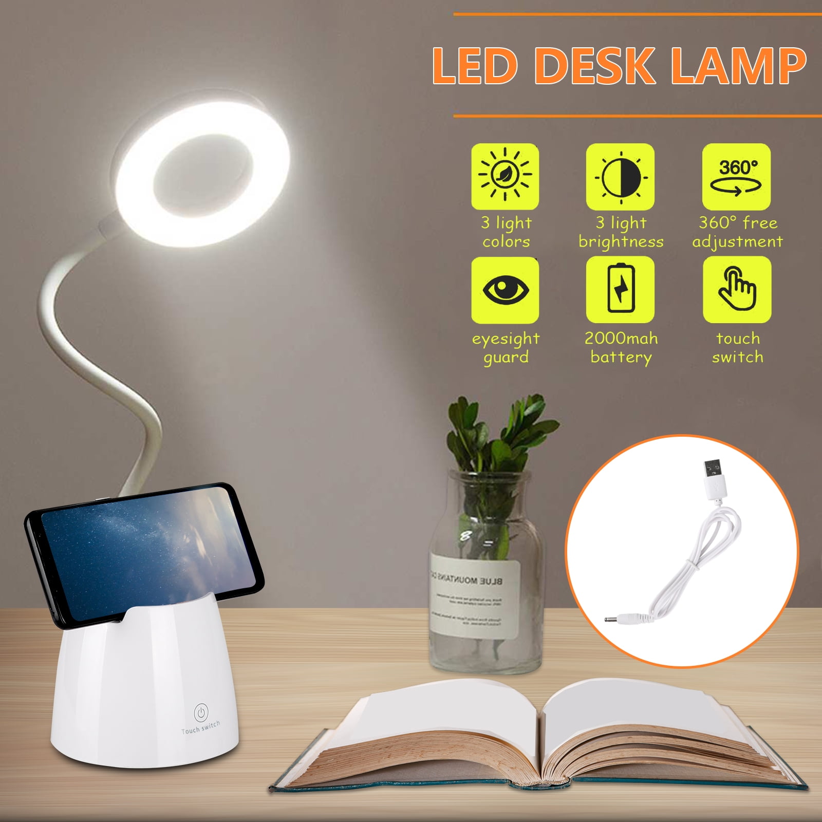 White Light Flexible Goosneck Table Lamp for Kids Study GULEHAY USB Rechargeable LED Desk Lamp Touch Control Reading Light with 3 Level Brightness Eye Caring Reading 