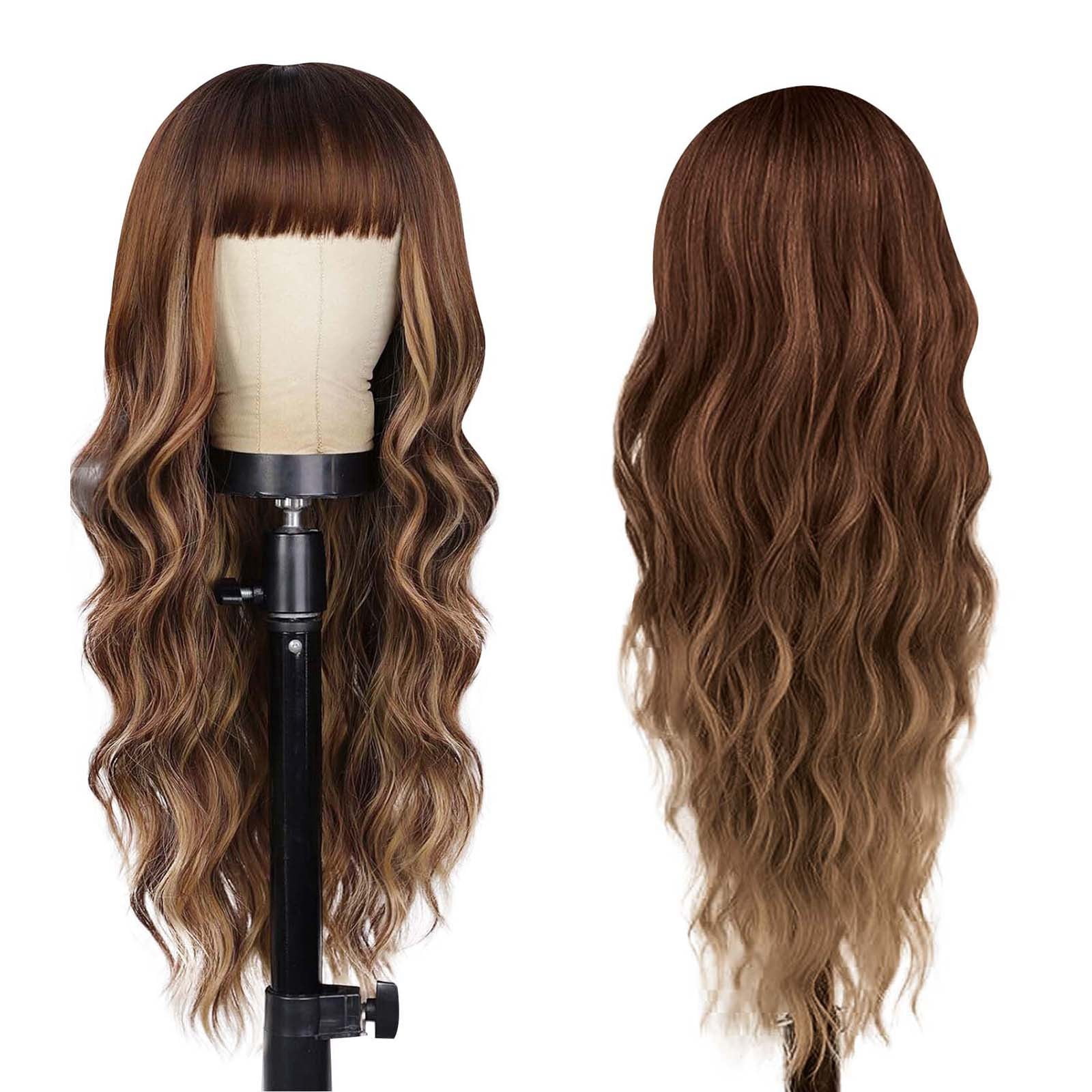 Long Wavy Wig with Bangs for Women, Brown Highlight Synthetic Wig with Dark Roots, Heat Resistant Wigs for Daily Party Use(Brown,One Size)