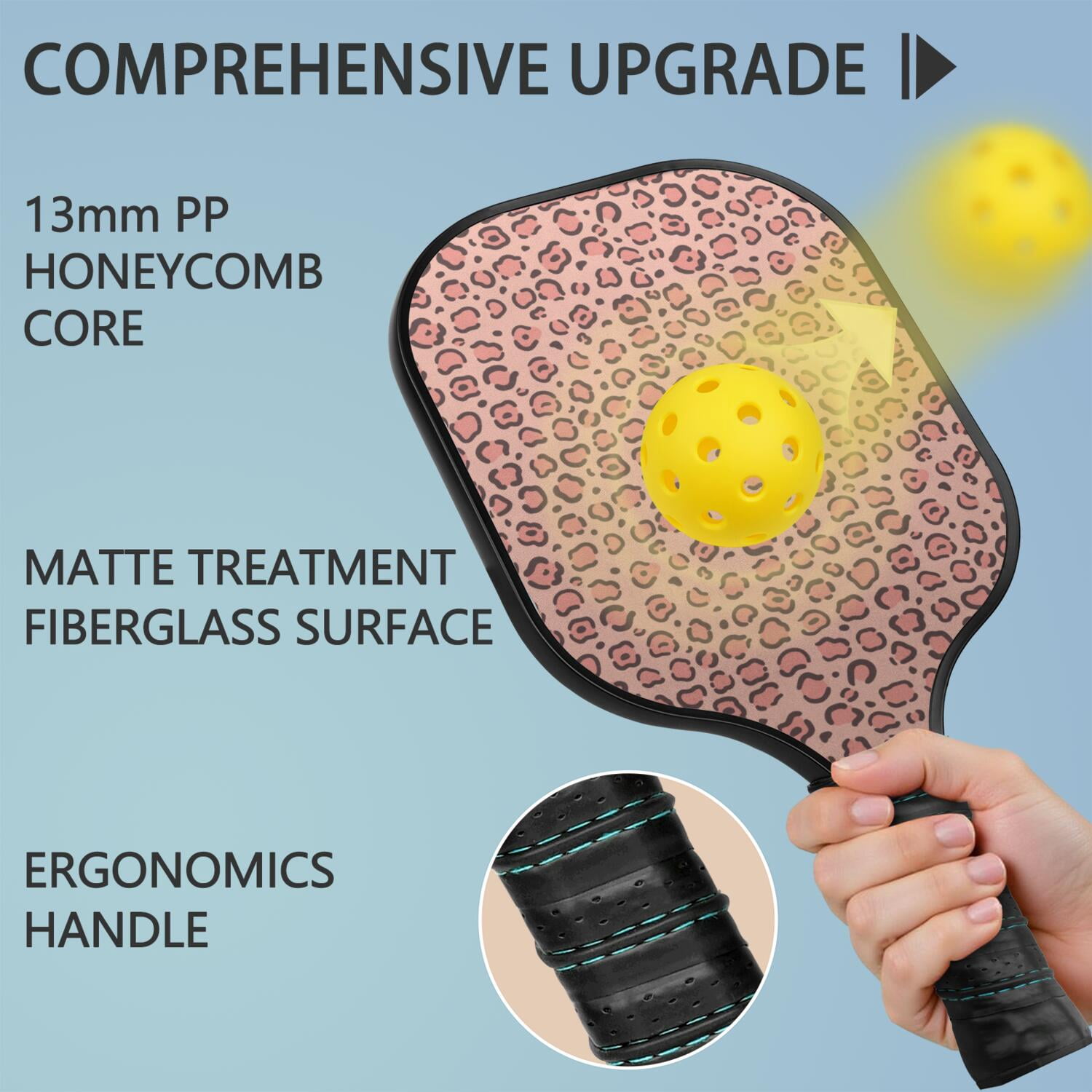 Pickleball Paddles Set Of 1, Fiberglass Surface, Animal, Leopard Print, 1 Paddle, 2 Balls & Bag