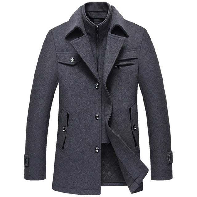 Pisexur Mens Winter Jacket Men's Solid Color Pocket Zipper Long Sleeved Double-layer Collar Wool Coat Mens Winter Coat Windbreaker Jacket Warming Jacket