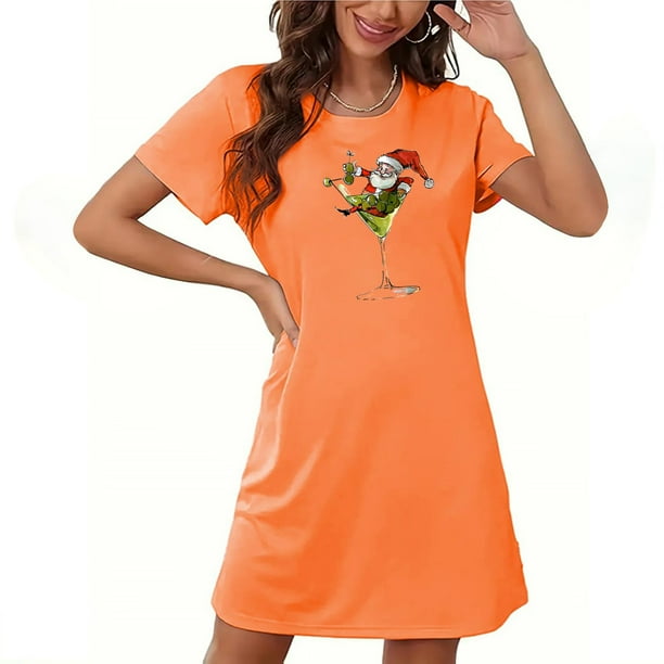 Camisón corto navideño para mujer, talla grande, cuello redondo, manga corta, estampado en el pecho, vestido de noche para mujer