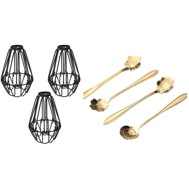 4 cucharillas de café de postre con forma de flor bonita con 3 protectores de bombillas de hierro, jaulas para lámparas, ventiladores de techo y cubiertas para bombillas