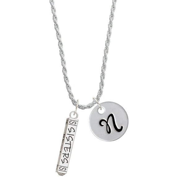 Delight Jewelry Silvertone Sisters Best Friends Forever Bar Silvertone Script Initial Disc - N - Charm Necklace, 20"+3"