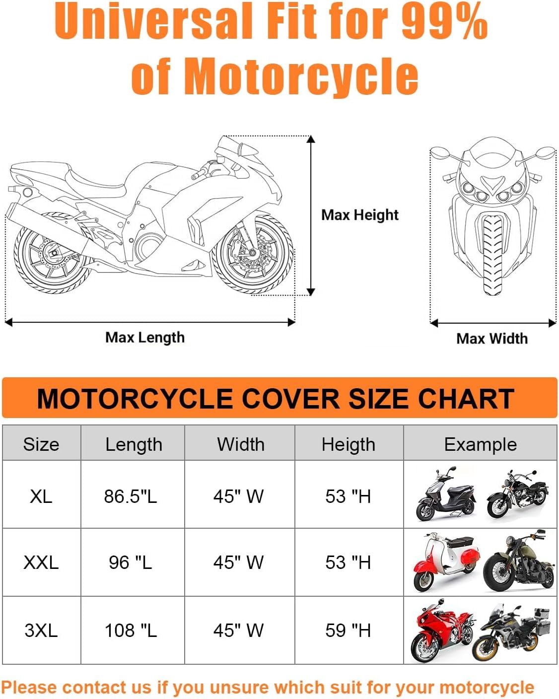 Full Enclosed Motorcycle Cover Waterproof Outdoor/Indoor Storage Waterproof Motorcycle Cover Heavy Duty with Reflective Strips Fits Scooter/Touring Motorcycles Length up to 108"（Black+Sliver）