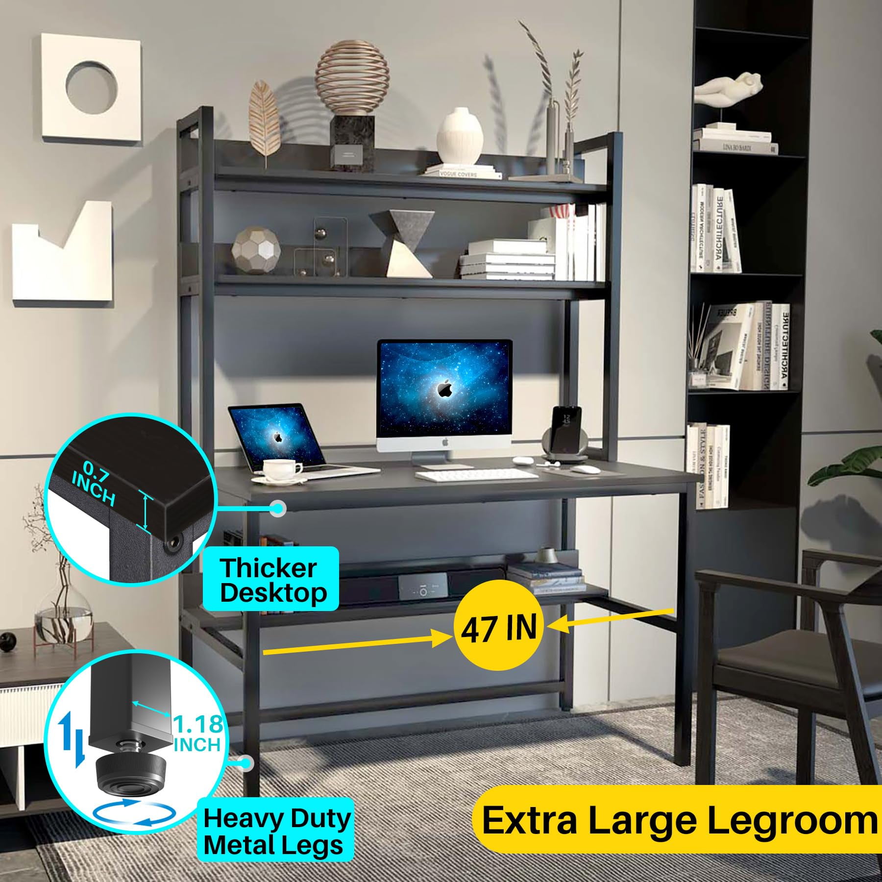 Aquzee Computer Desk with Hutch and Bookshelves, Large Leg Room 47 inch Width Black Desk with Space Saving Storage Shelves for Home Office