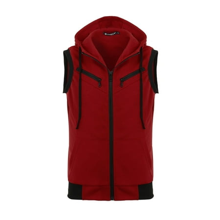 Men Kangaroo Pocket Zip Up Drawstring Hooded Vest Burgundy