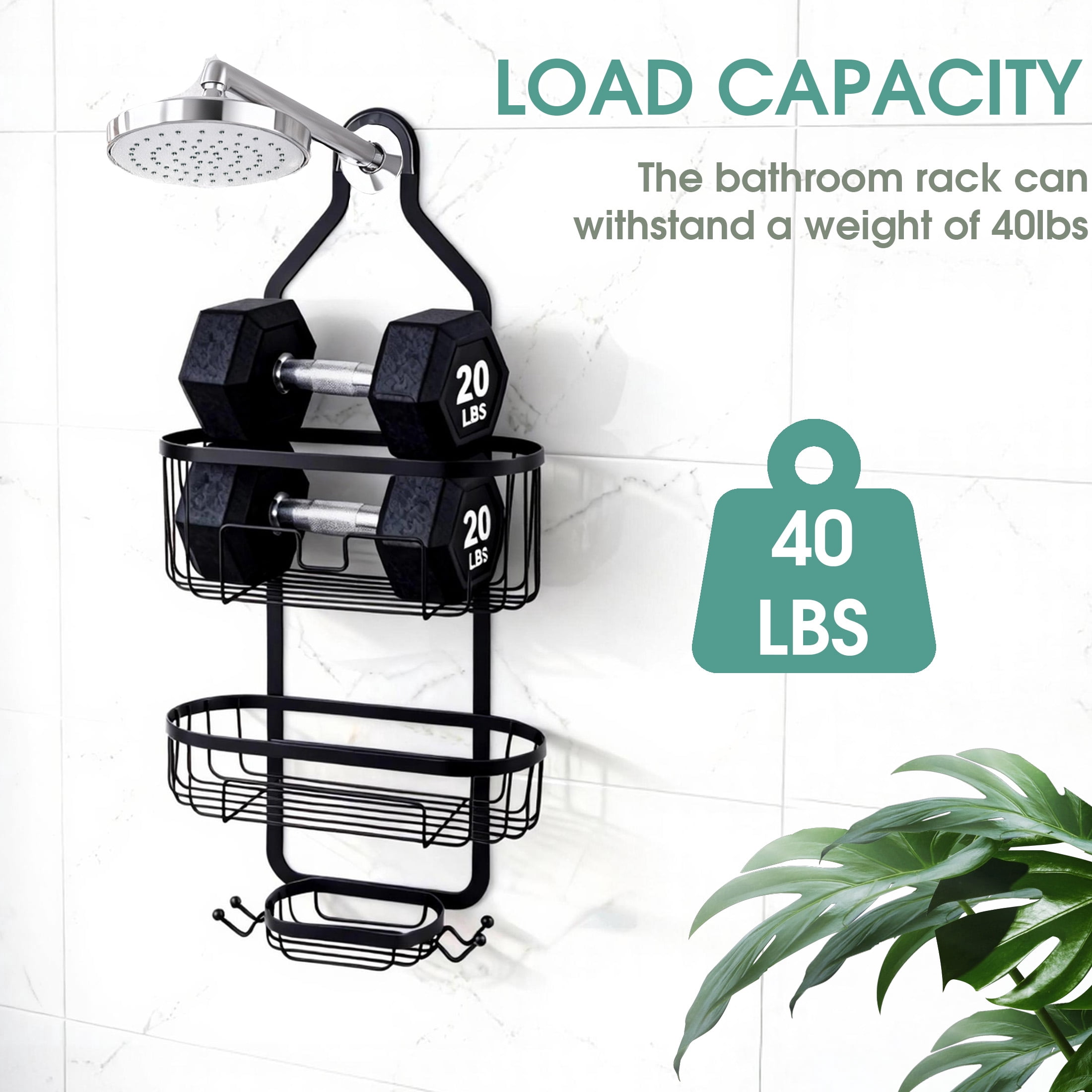 Hanging Shower Caddy Over ShowerHead, 3 Tier Rustproof Shower Shelves Organizer with Hooks & Soap Holder, Anti-Swing Bathroom Shower Organizer, Black Shower Caddy Hanging