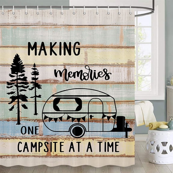 Camper RV Shower Curtain Retro Rustic Wood Neutral Color For Travel Trailer Camping Theme Motor RV Bathroom Stall Shower Curtain Set, Small Size Waterproof Shower Cutain, Hooks Include, 72X72inch