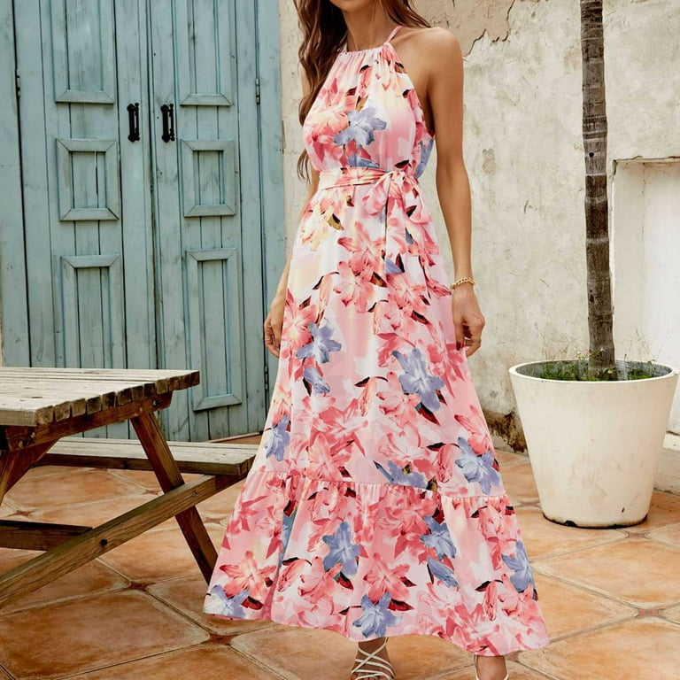 【Since Then】Pink Halter Floral Vacation Summer Dress Summer Saving Wycnly Formal Dresses for Women Sleeveless