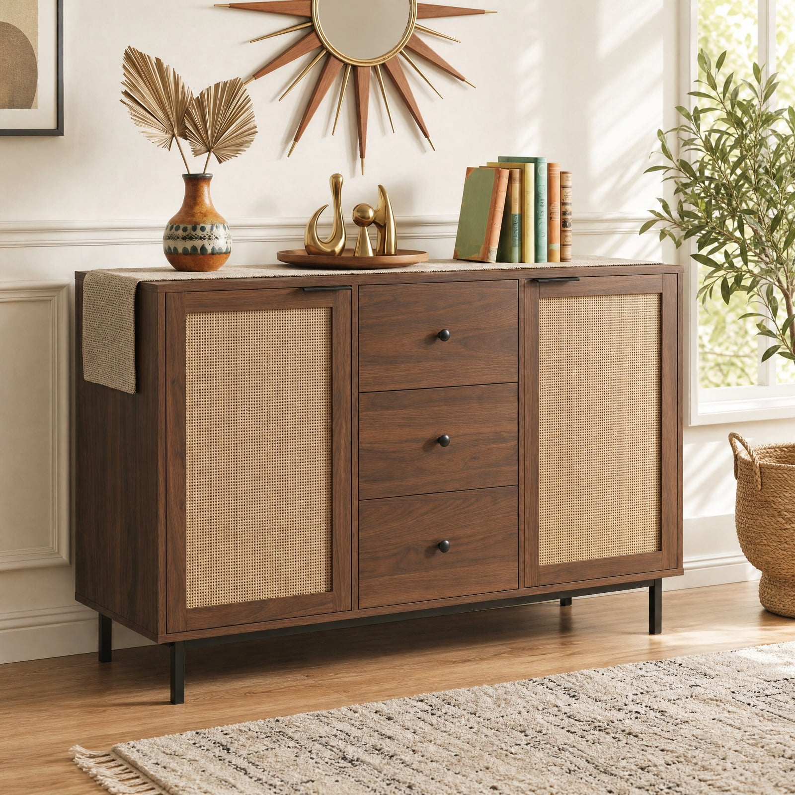 Furnibear Sideboard Buffet Cabinet Rustic Farmhouse Coffee Bar Table with 2 Rattan Doors and 3 Drawers for Kitchen Dining Living Room Buffet, Brown