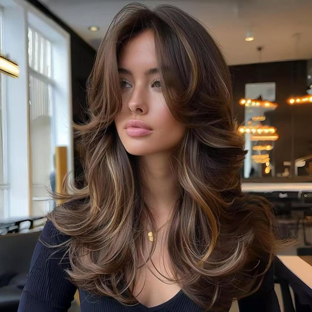 Yanonmyfd Wig with Bangs Long Wavy Copper Red Layered Wig with Curtain Bangs for White Black Women,Synthetic Ginger Reddish Brown Layered Long Wavy Shaggy for Daily Party 24inch
