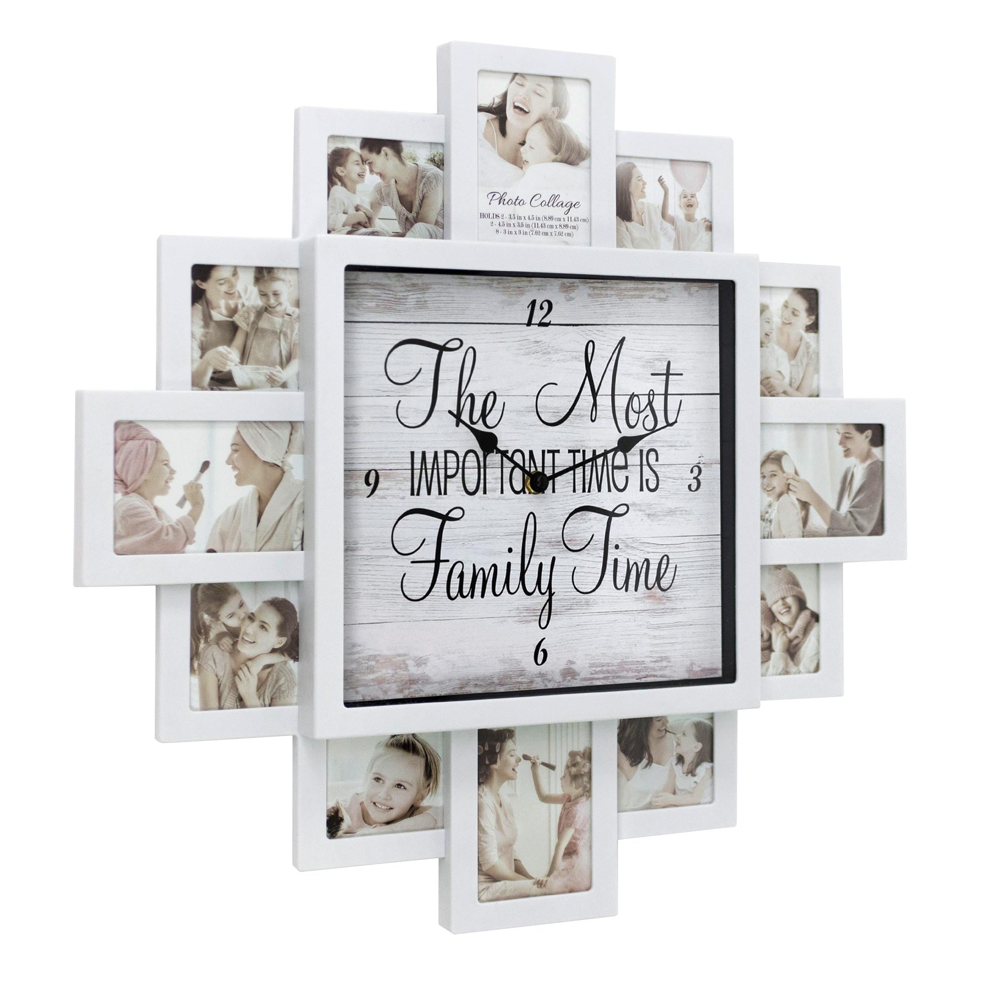 WHITE HANGING MODERN NOT MULTI PHOTO FAMILY PICTURE FRAME & TIME WALL CLOCK NEW 