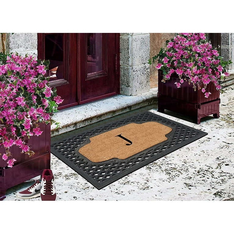 A1 Home Collections A1hc Mesh Border Black 23 in. x 38 in. Rubber and Coir Heavy-Weight Outdoor Durable Monogrammed J Door Mat