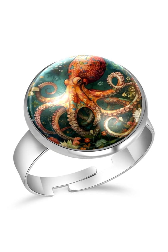 Flowers Octopus Pattern Stainless Steel Rings for Women, Open Adjustable Ring Promise Ring Jewelry Gifts