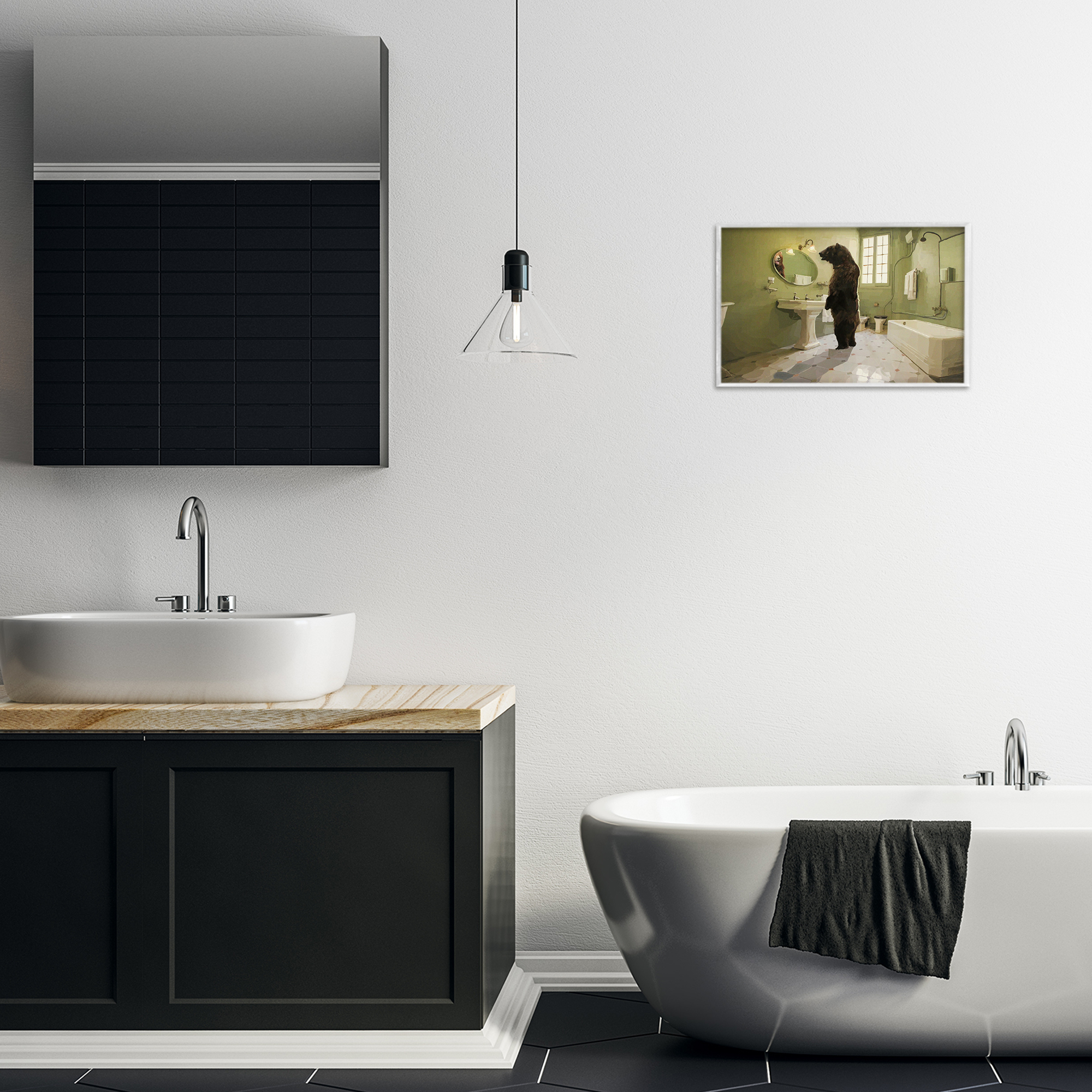 The Houseguest Bear in Bathroom White Framed Giclee Art, design by Keith Thomson