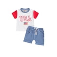 thumbnail image 2 of Aojekbee 4th of July Toddler Boys Outfits Letter Flag Embroidery Contrast Color Short Sleeve T-Shirts Tops and Shorts 2Pcs Clothes Set, 2 of 10