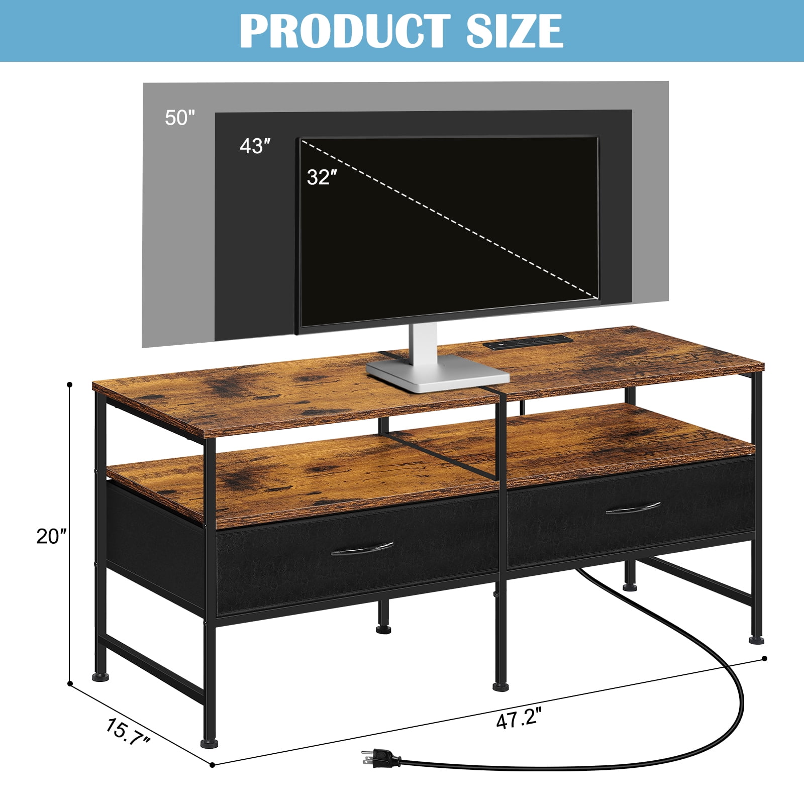 47.2"L TV Cabinet Industrial TV Cabinet with Fabric for Living Room, Bedroom With Charging Stake Brown