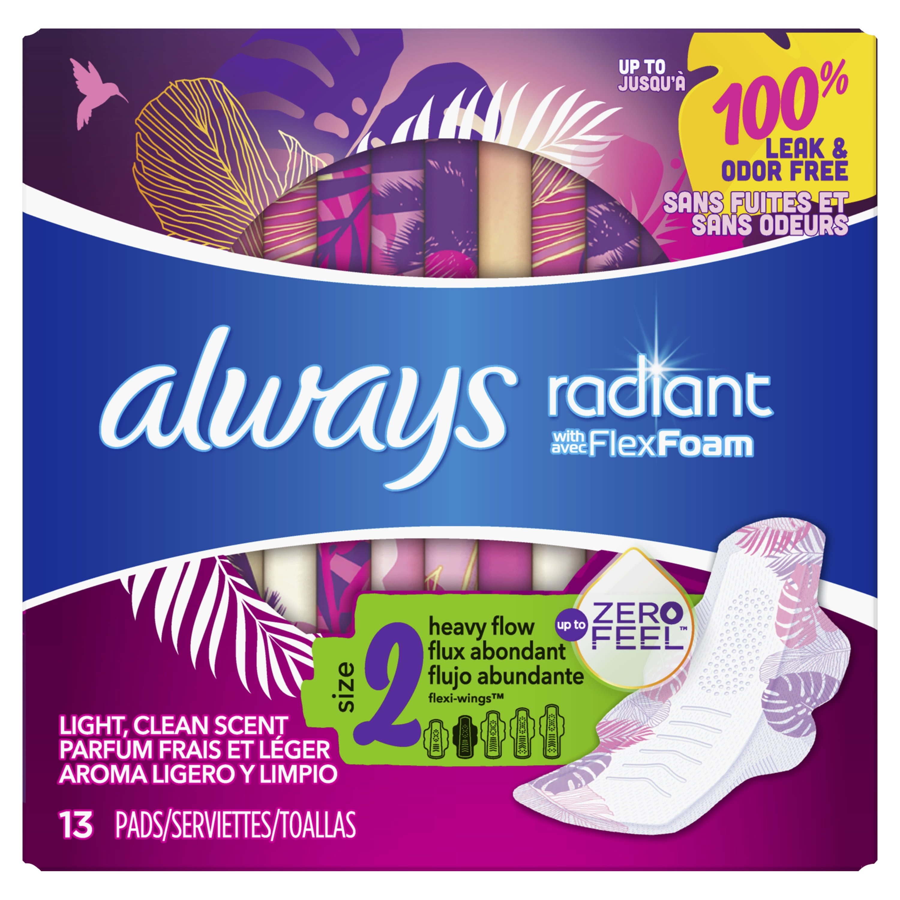 Always Radiant Feminine Pads with Wings, Size 2, Heavy Absorbency