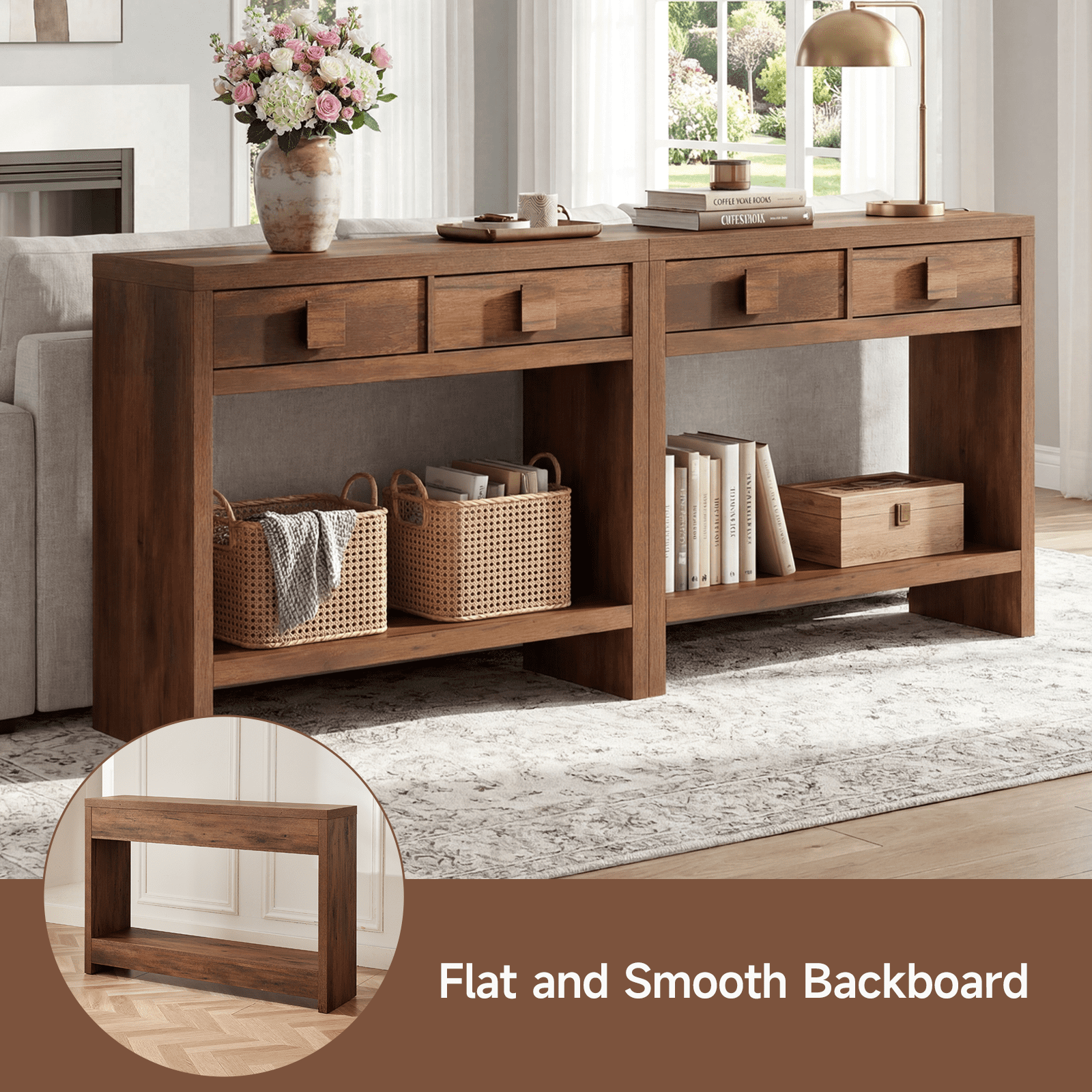 ROGALIS Console Table with Drawers, 40 Inch Narrow Entryway Table with Open Storage Shelves for Living Room