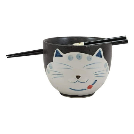 Gourmet Gift Bowl - Ebros Whimsical Ceramic Black Lucky Meow Cat Pasta Ramen Udong Pho Noodles Soup Bowl and Chopsticks Set Dining Gourmet Meal Feline Cats Collection Rice Bowls Decor Kitchen