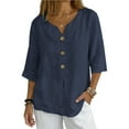 thumbnail image 2 of Rvasteizo Womens Summer 3/4 Sleeve Round Neck Blouses Shirts Solid Color 3/4 Sleeve Round Neck Button Linen Top, 2 of 5