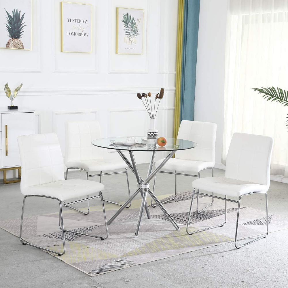 5PCS Round Dining Table Set, Tempered Glass Kitchen Dining Table And 4