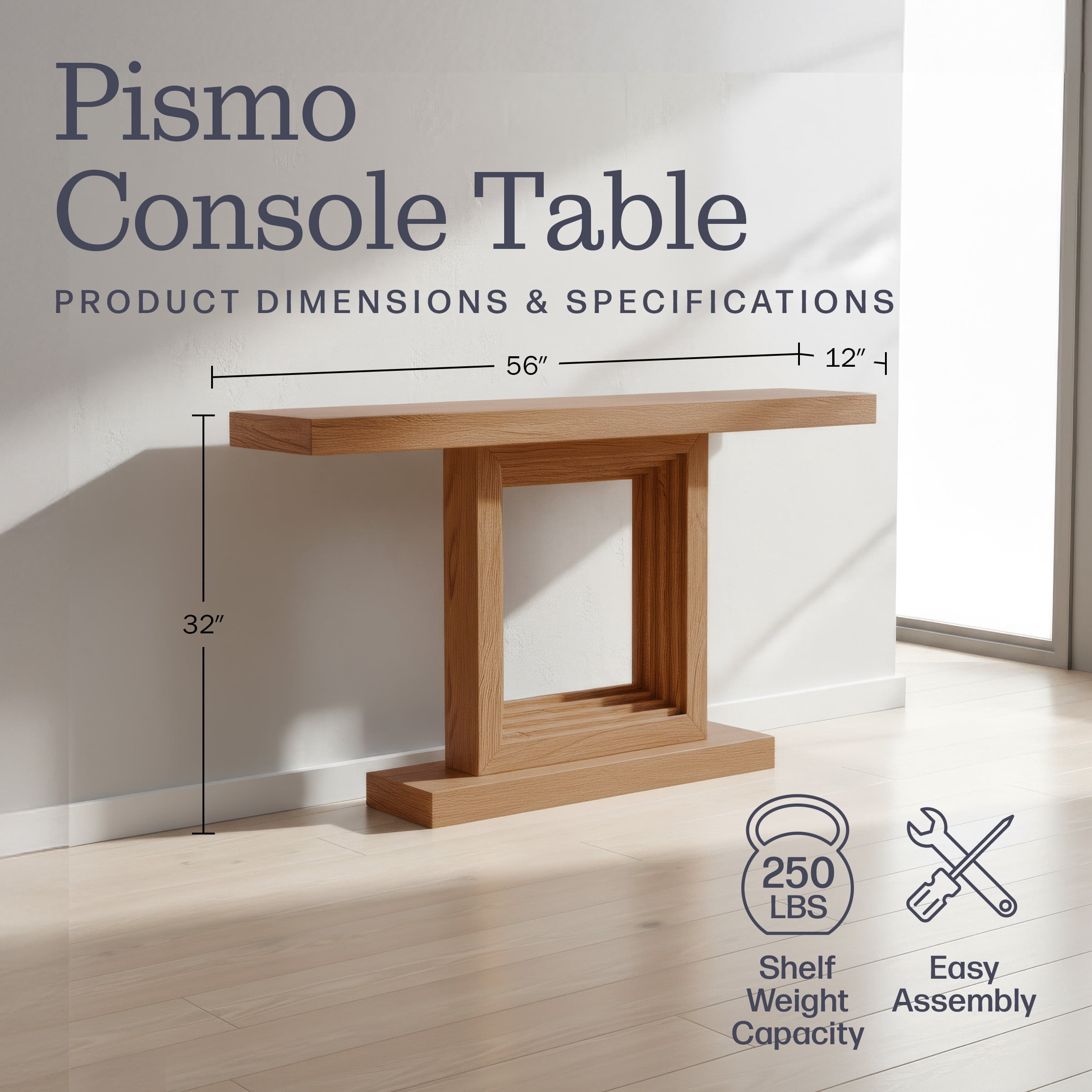 Alaterre Furniture Pismo Solid Wood Console Table - 56 Inch Modern Farmhouse Entryway Table, Oak