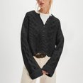 thumbnail image 2 of Women's Cropped Cable Knit Sweater Oversized Half Button Pullover (Black, M), 2 of 4