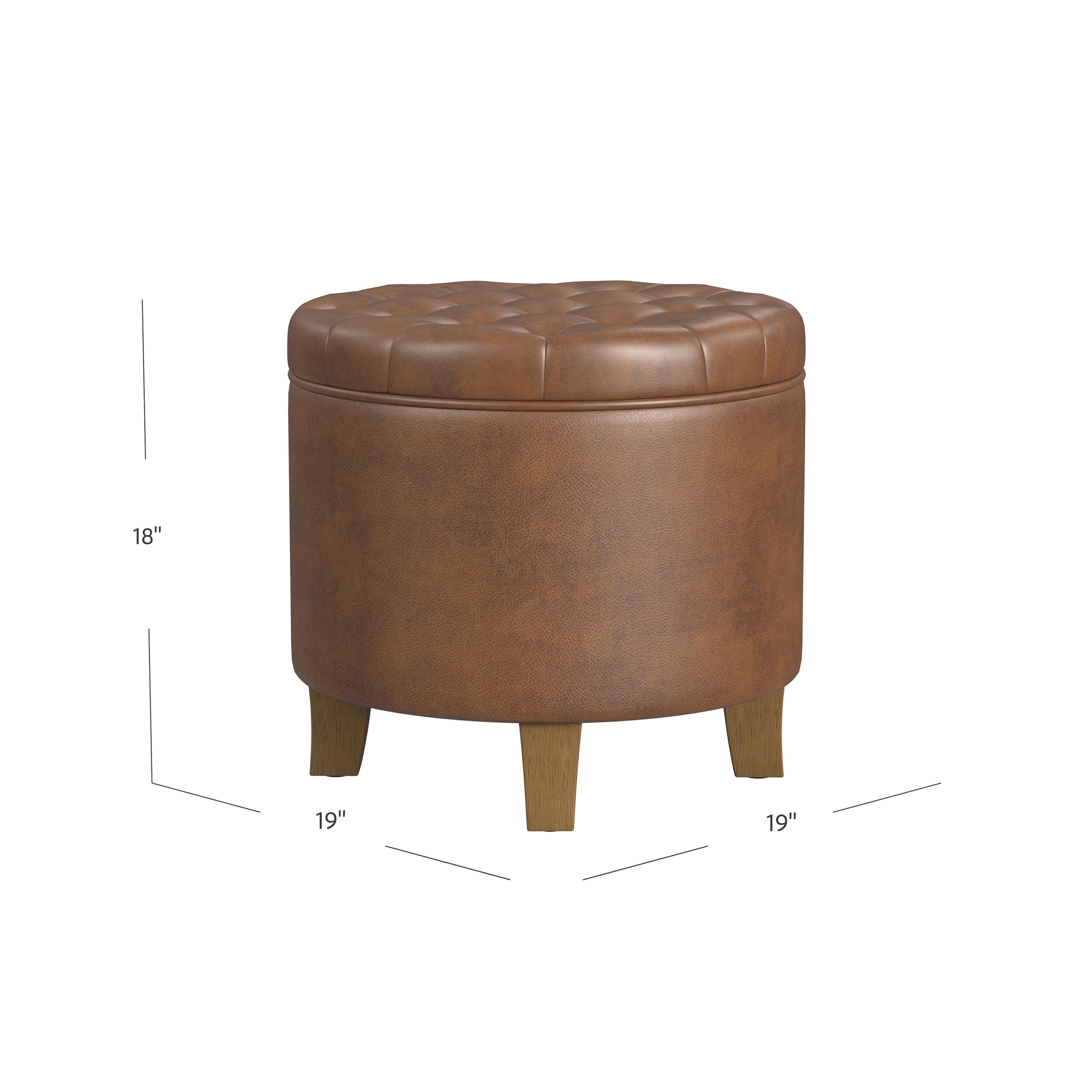 HomePop Small Round Button Tufted Storage Ottoman, Brown Faux Leather