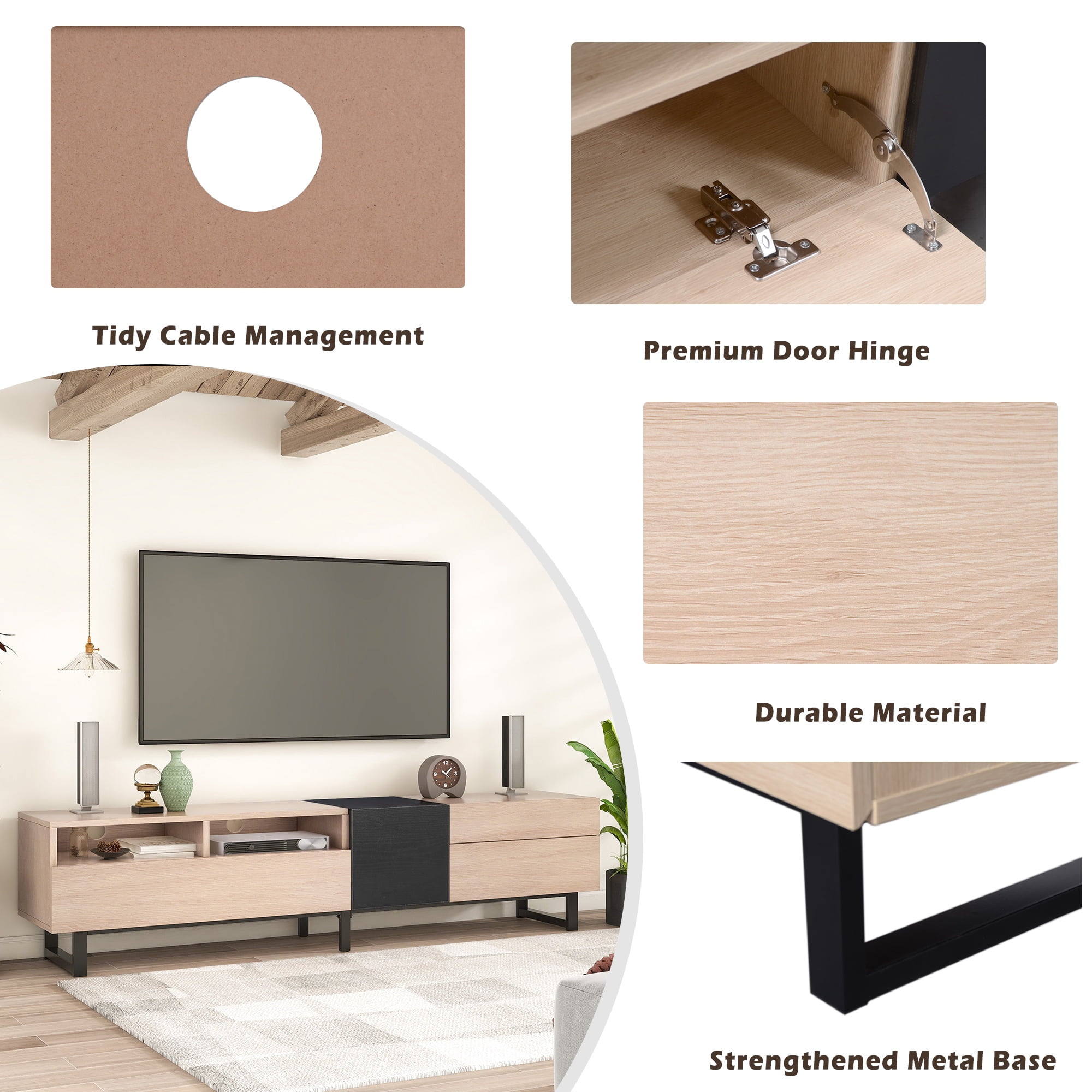PORKISS TV Stand for 80 Inch TV, Entertainment Center with Storage Shelves, Media Console with Metal Legs for Living Room, Natural Wood + Black