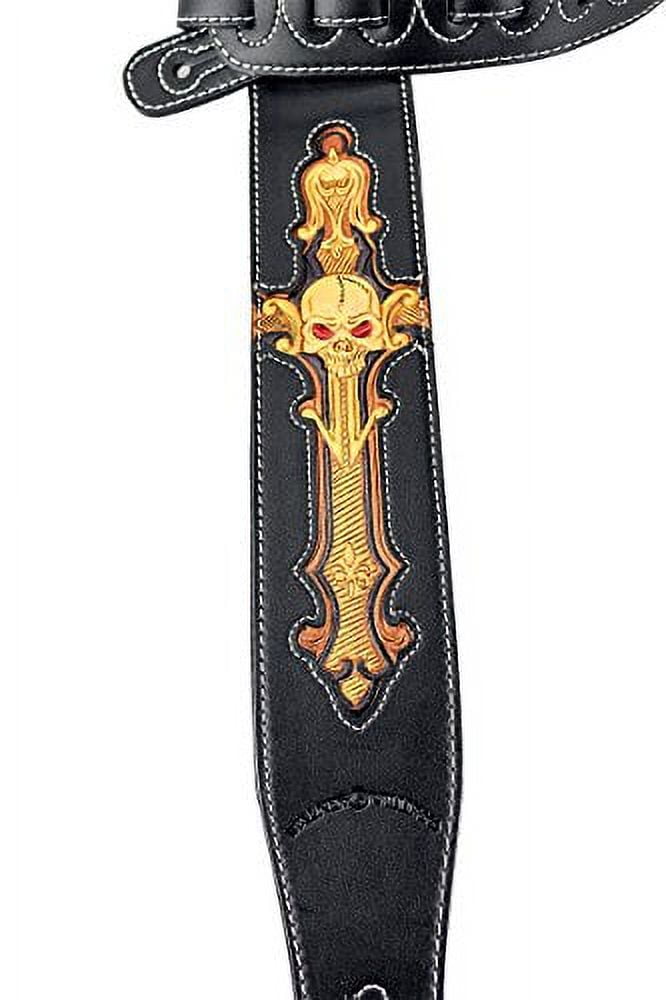 Walker & Williams CVG-24 Black & Gold Guitar Strap Hand Tooled Skull Design