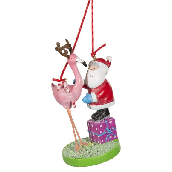 Cape Shore Christmas Ornament- Santa Standing On A Present Next to Flamingo